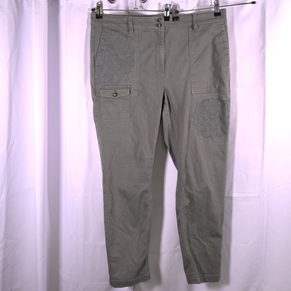 J Jill Womens 14 37x28 Green High Rise Waist Caraway Floral Embroidered‎ Pants